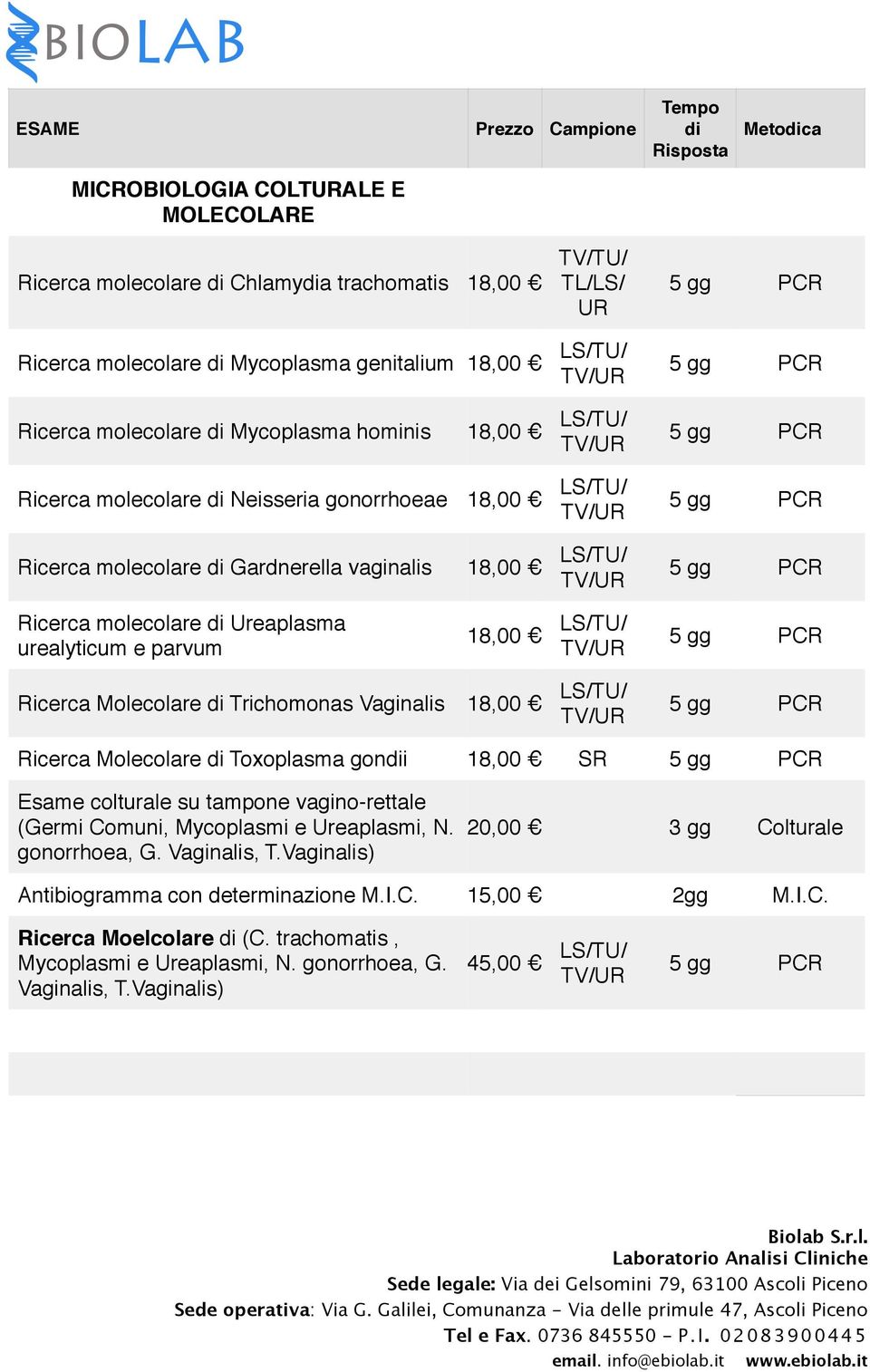 18,00 LS/TU/ 5 gg Ricerca Molecolare Trichomonas Vaginalis 18,00 LS/TU/ 5 gg Ricerca Molecolare Toxoplasma goni 18,00 SR 5 gg Esame colturale su tampone vagino-rettale (Germi Comuni, Mycoplasmi e