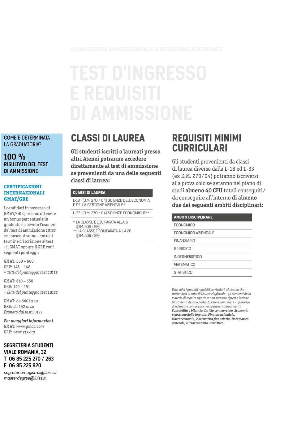conseguiranno - entro il termine d'iscriione al test - il GMAT oppure il GRE con i seguenti punteggi: GMAT: 550 600 GRE: 145 148 + 10% del punteggio test luiss GMAT: 610 650 GRE: 149 151 + 20% del