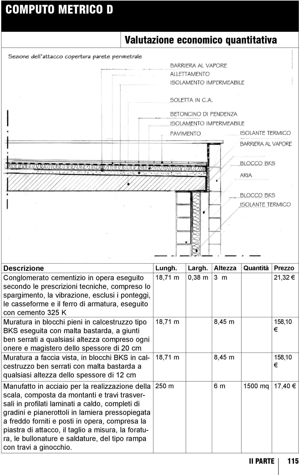 e il ferro di armatura, eseguito con cemento 325 K Muratura in blocchi pieni in calcestruzzo tipo BKS eseguita con malta bastarda, a giunti ben serrati a qualsiasi altezza compreso ogni onere e