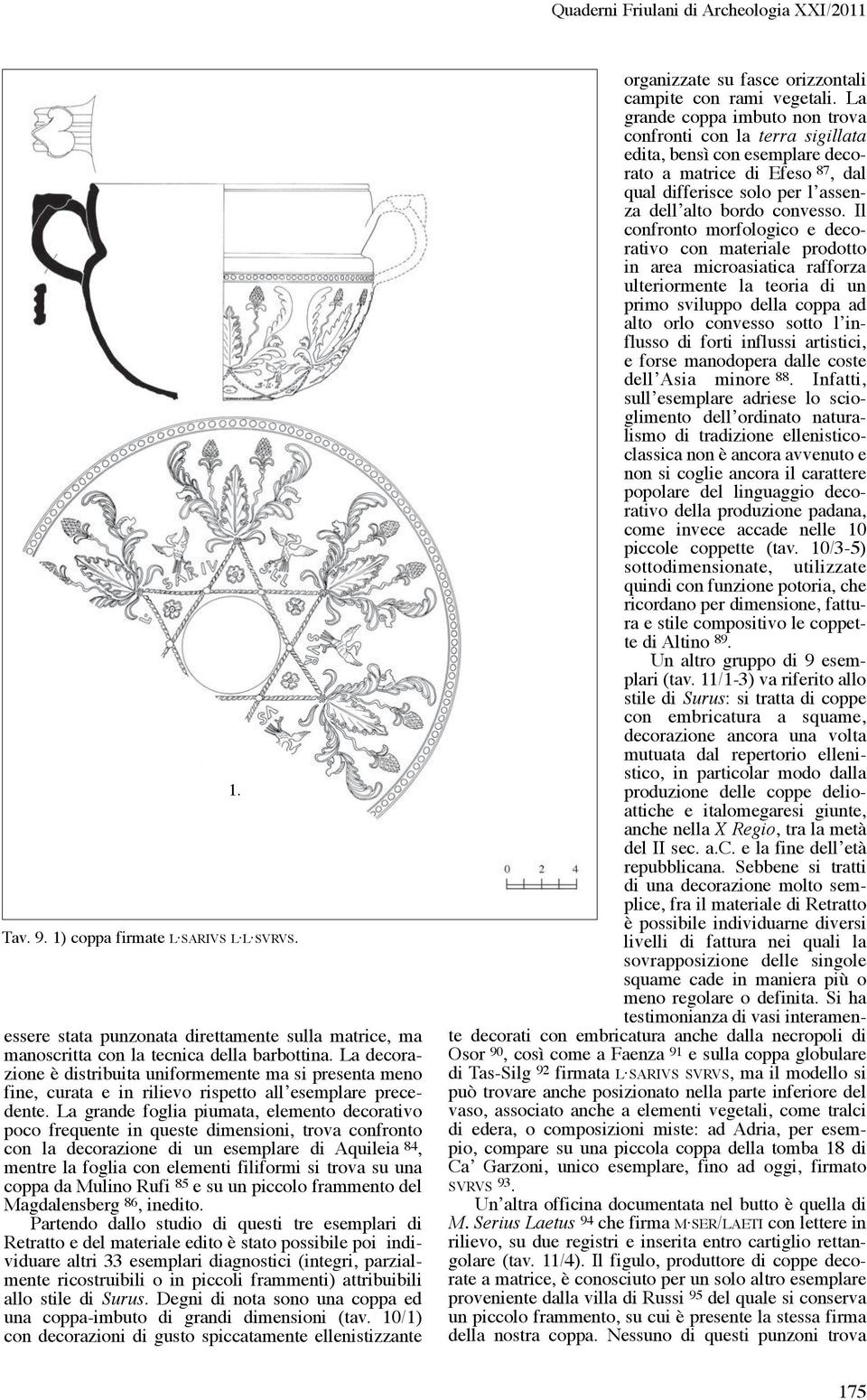 La grande foglia piumata, elemento decorativo poco frequente in queste dimensioni, trova confronto con la decorazione di un esemplare di Aquileia 84, mentre la foglia con elementi filiformi si trova