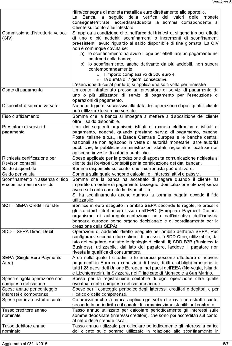 compresa nel canone Spese annue per conteggio interessi e competenze Spese per invio estratto conto Tasso creditore annuo nominale Tasso debitore annuo nominale ritiro/consegna di moneta metallica