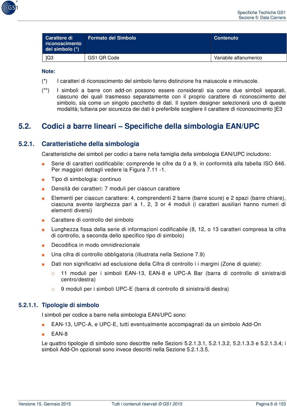 (**) I simboli a barre con add-on possono essere considerati sia come due simboli separati, ciascuno dei quali trasmesso separatamente con il proprio carattere di riconoscimento del simbolo, sia come