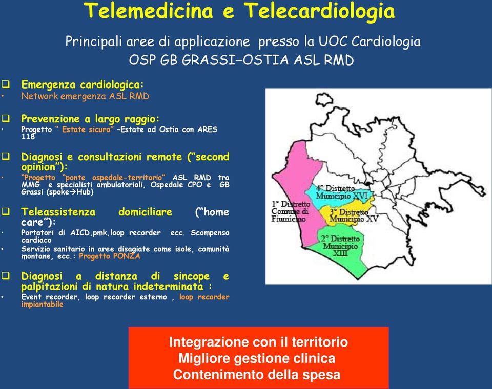 GB Grassi (spoke Hub) Teleassistenza care ): domiciliare ( home Portatori di AICD,pmk,loop recorder ecc. Scompenso cardiaco Servizio sanitario in aree disagiate come isole, comunità montane, ecc.