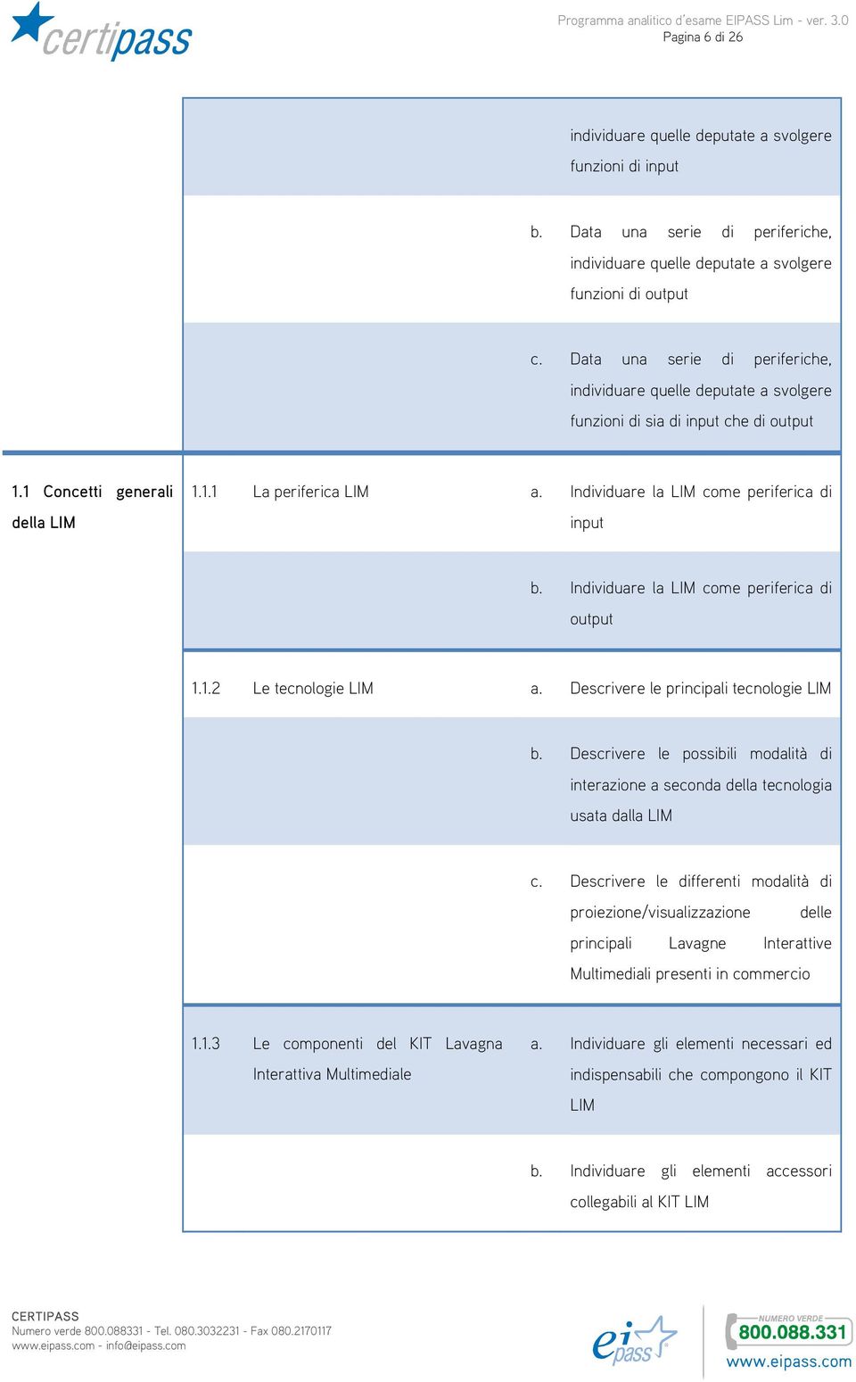 Individuare la LIM come periferica di input b. Individuare la LIM come periferica di output 1.1.2 Le tecnologie LIM a. Descrivere le principali tecnologie LIM b.