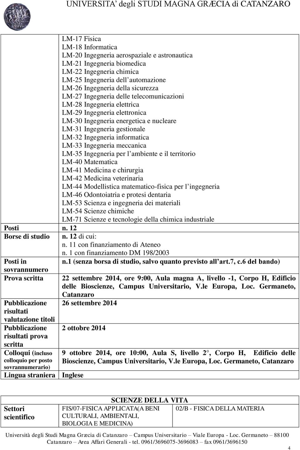 Fisica LM-18 Informatica LM-20 Ingegneria aerospaziale e astronautica LM-21 Ingegneria biomedica LM-22 Ingegneria chimica LM-25 Ingegneria dell automazione LM-26 Ingegneria della sicurezza LM-27