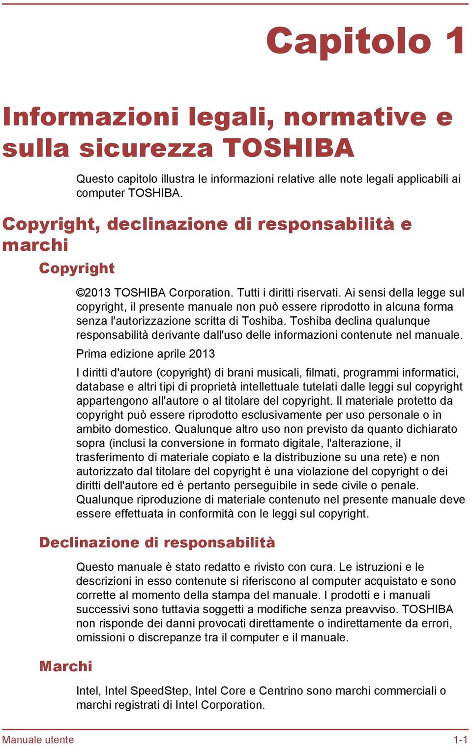 Ai sensi della legge sul copyright, il presente manuale non può essere riprodotto in alcuna forma senza l'autorizzazione scritta di Toshiba.