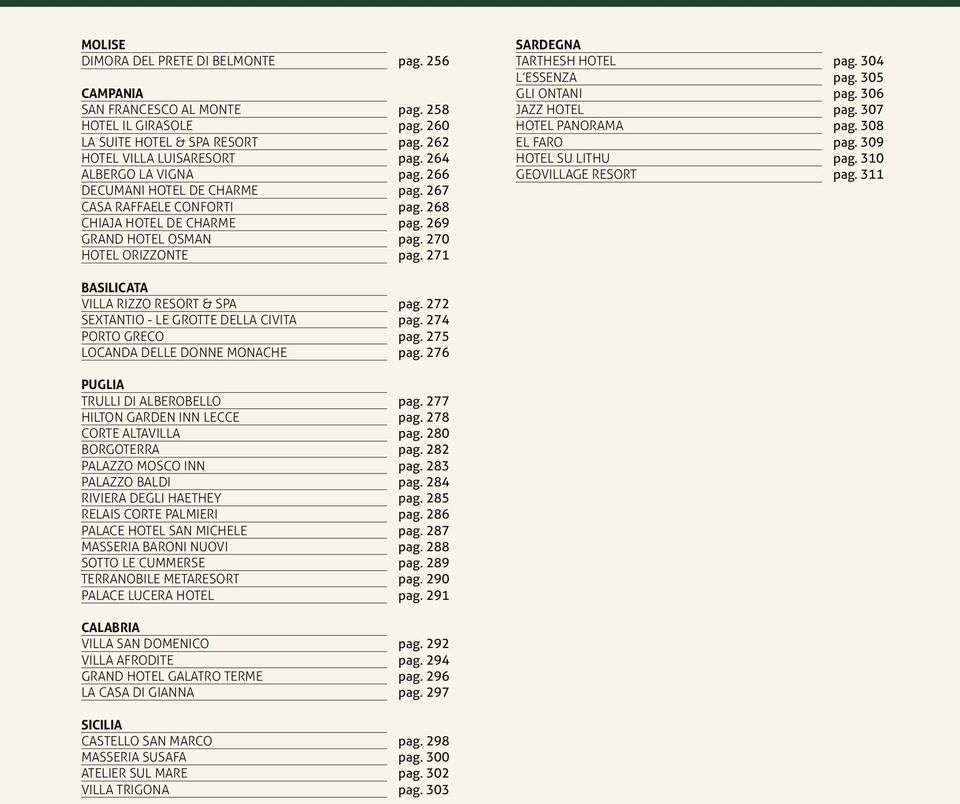 271 SARDEGNA Tarthesh Hotel L essenza Gli Ontani Jazz Hotel Hotel Panorama El Faro Hotel Su Lithu Geovillage Resort pag. 304 pag. 305 pag. 306 pag. 307 pag. 308 pag. 309 pag. 310 pag.