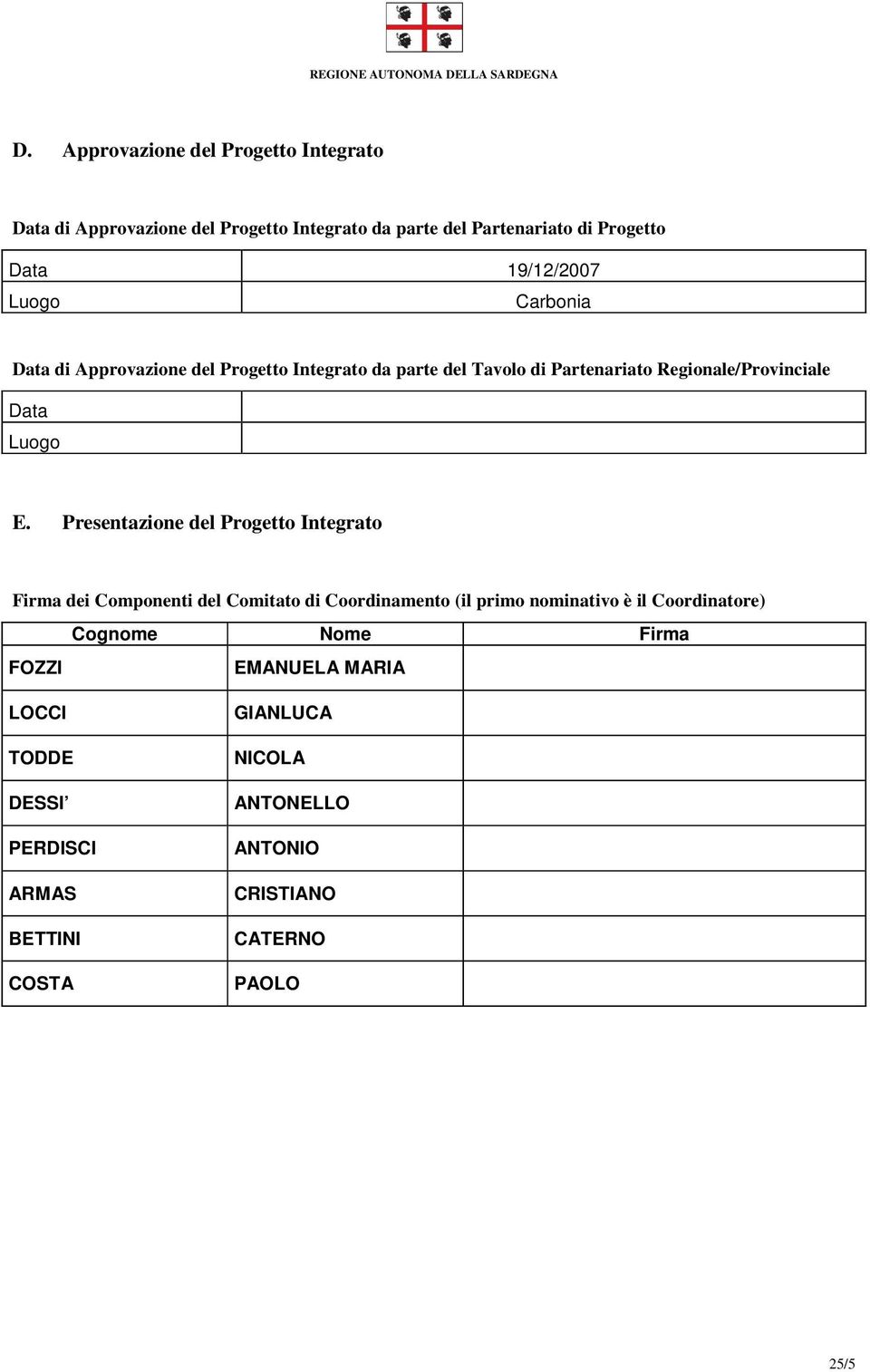 Presentazione del Progetto Integrato Firma dei Componenti del Comitato di Coordinamento (il primo nominativo è il Coordinatore) Cognome