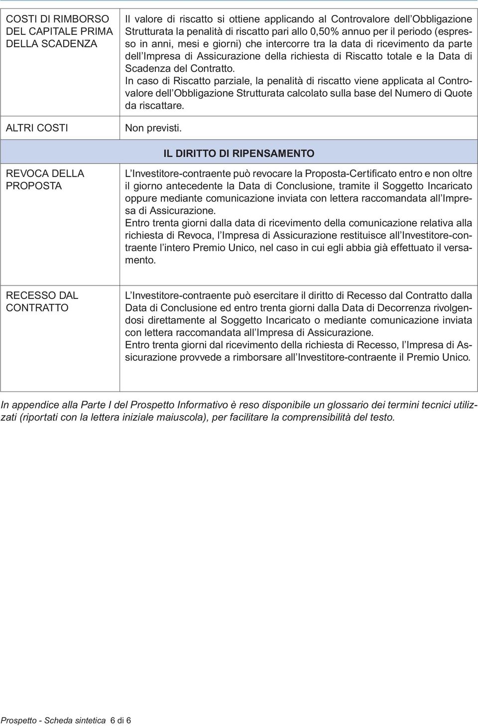 Contratto. In caso di Riscatto parziale, la penalità di riscatto viene applicata al Controvalore dell Obbligazione Strutturata calcolato sulla base del Numero di Quote da riscattare. Non previsti.