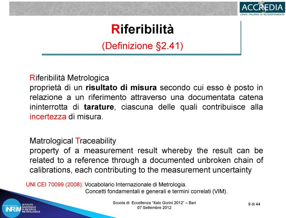 catena ininterrotta di tarature, ciascuna delle quali contribuisce alla incertezza di misura.