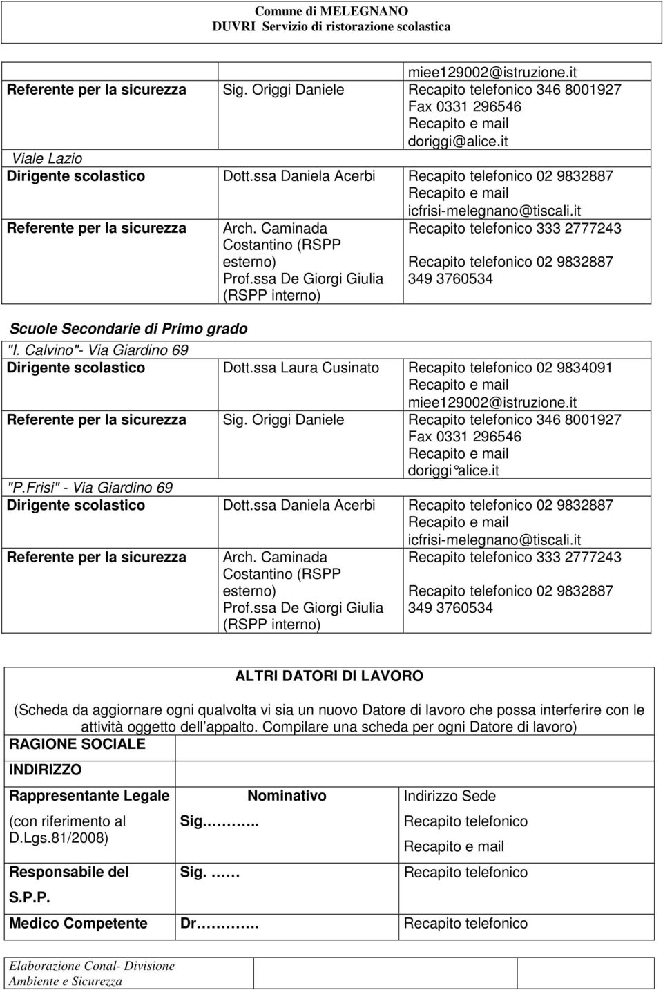 ssa De Giorgi Giulia (RSPP interno) Recapito telefonico 333 2777243 Recapito telefonico 02 9832887 349 3760534 "I. Calvino"- Via Giardino 69 Dirigente scolastico Dott.