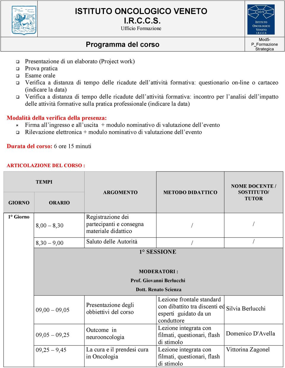 presenza: Firma all ingresso e all uscita + modulo nominativo di valutazione dell evento Rilevazione elettronica + modulo nominativo di valutazione dell evento Durata del corso: 6 ore 15 minuti