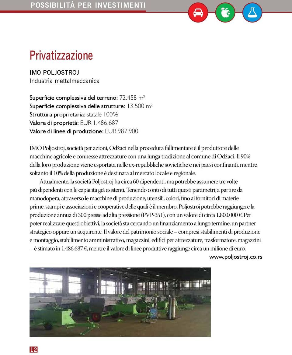 900 IMO Poljostroj, società per azioni, Odžaci nella procedura fallimentare è il produttore delle macchine agricole e connesse attrezzature con una lunga tradizione al comune di Odžaci.