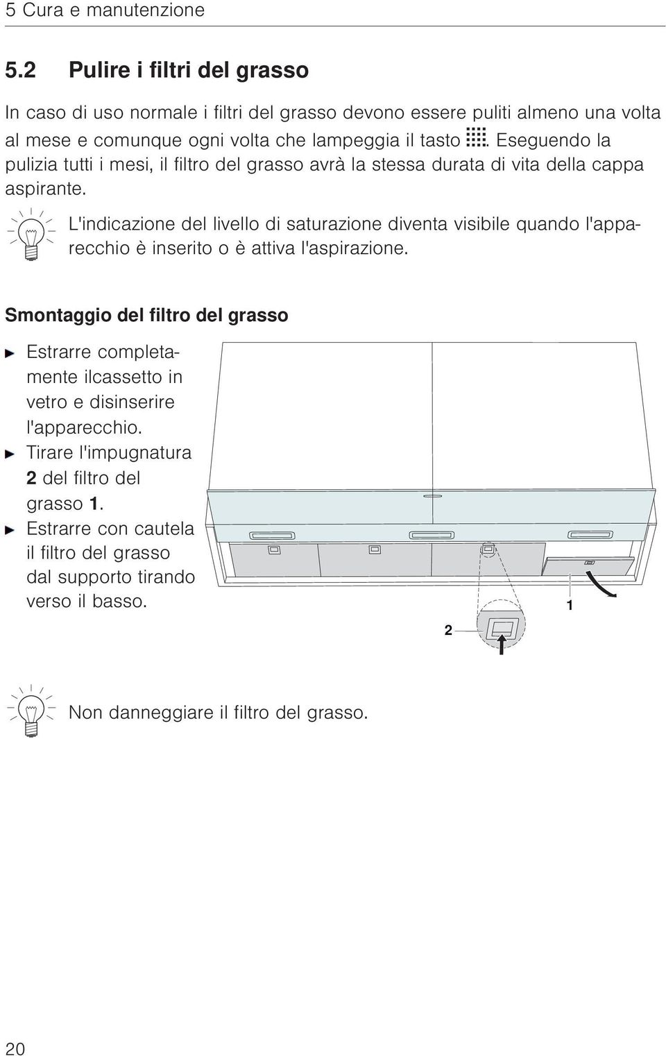 Eseguendo la pulizia tutti i mesi, il filtro del grasso avrà la stessa durata di vita della cappa aspirante.