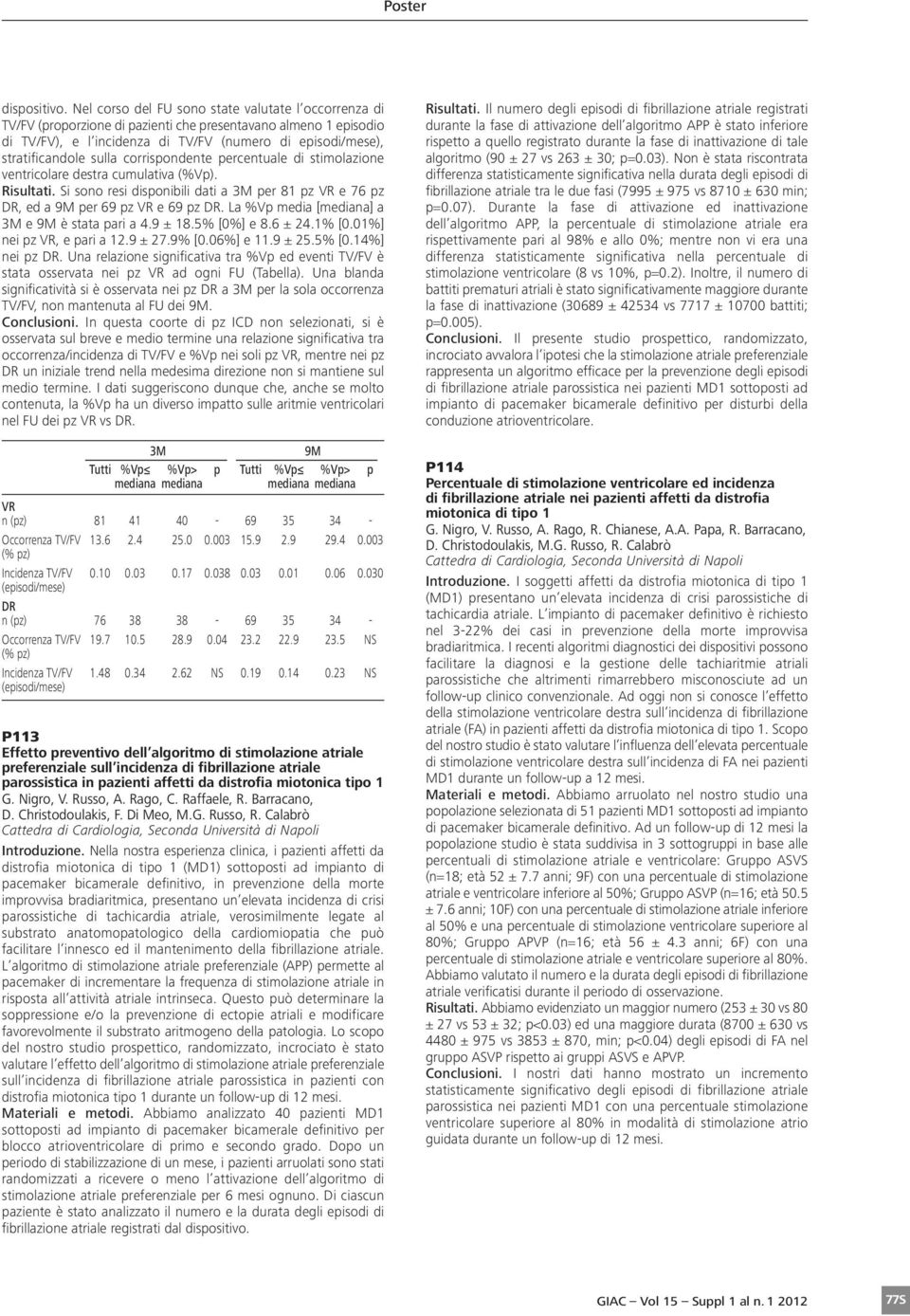 corrispondente percentuale di stimolazione ventricolare destra cumulativa (%Vp). Risultati. Si sono resi disponibili dati a 3M per 8 pz VR e 76 pz DR, ed a 9M per 69 pz VR e 69 pz DR.