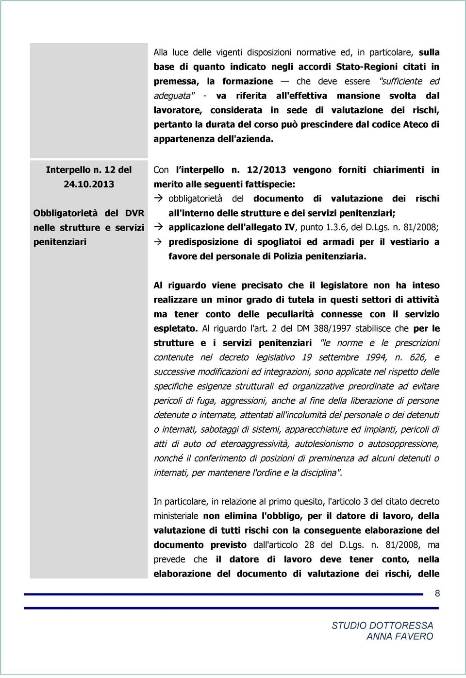 dell'azienda. Interpello n. 12 del Obbligatorietà del DVR nelle strutture e servizi penitenziari Con l interpello n.