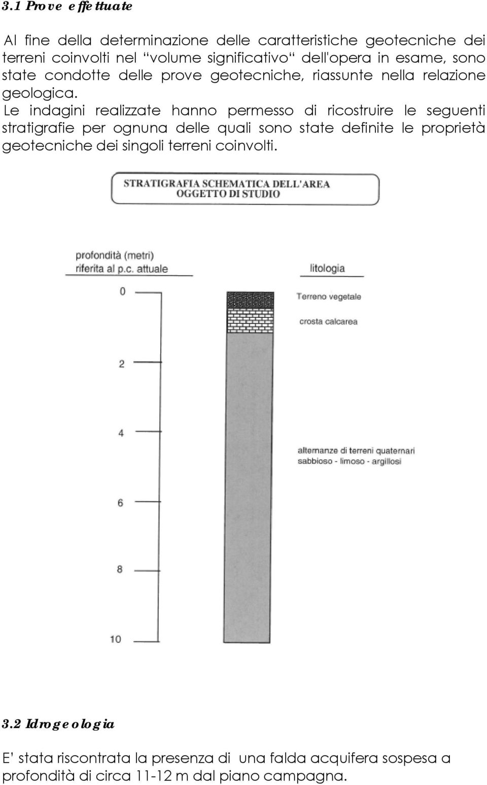 Le indagini realizzate hanno permesso di ricostruire le seguenti stratigrafie per ognuna delle quali sono state definite le proprietà