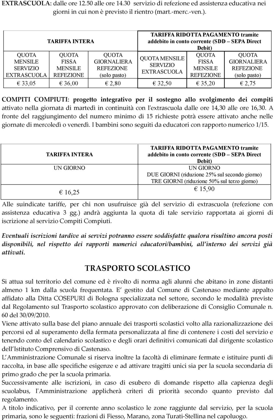 pasto) REFEZIONE 33,05 36,00 2,80 32,50 35,20 2,75 REFEZIONE (solo pasto) COMPITI COMPIUTI: progetto integrativo per il sostegno allo svolgimento dei compiti attivato nella giornata di martedì in