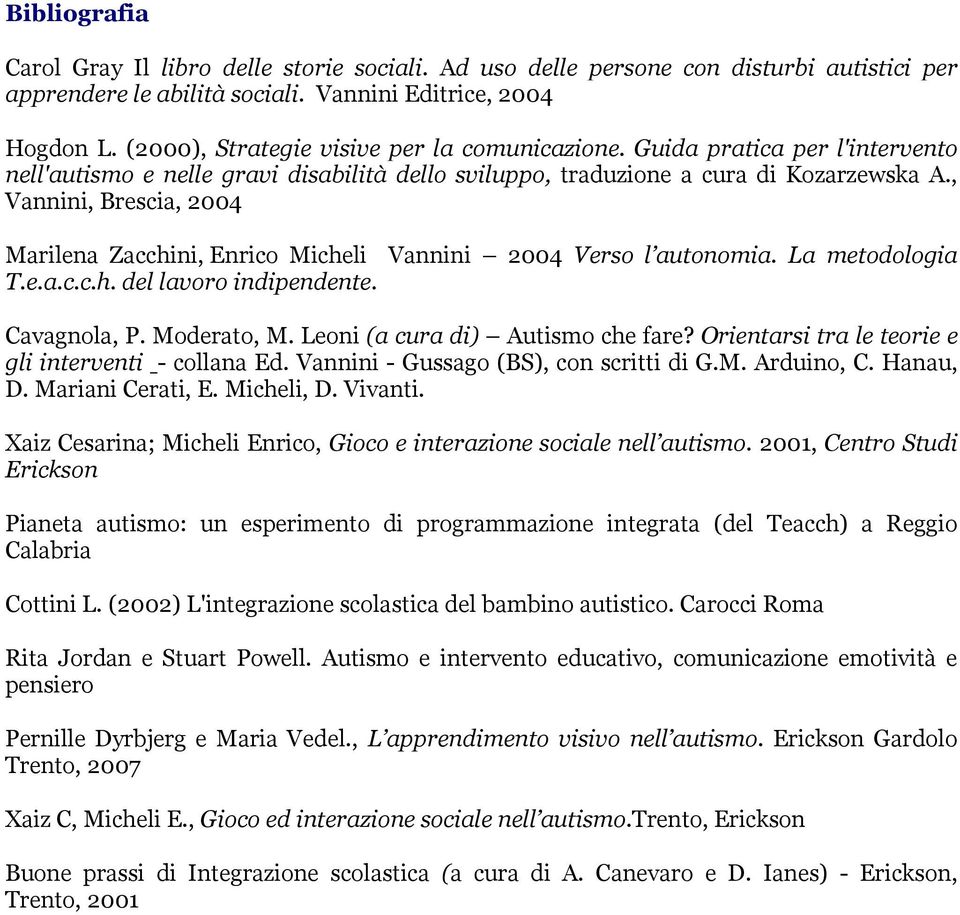 , Vannini, Brescia, 2004 Marilena Zacchini, Enrico Micheli Vannini 2004 Verso l autonomia. La metodologia T.e.a.c.c.h. del lavoro indipendente. Cavagnola, P. Moderato, M.