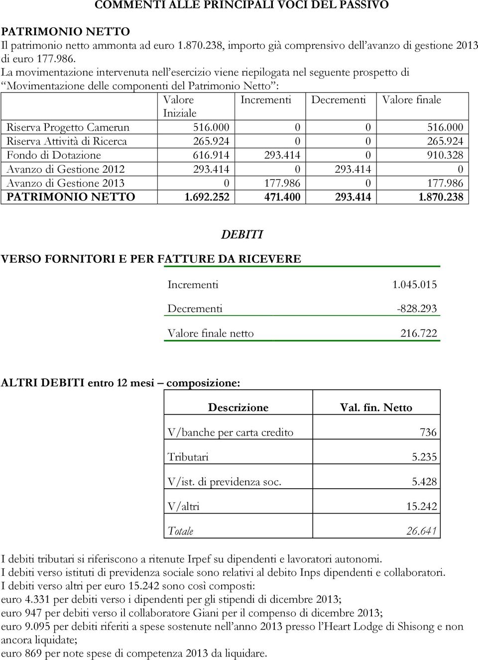 Riserva Progetto Camerun 516.000 0 0 516.000 Riserva Attività di Ricerca 265.924 0 0 265.924 Fondo di Dotazione 616.914 293.414 0 910.328 Avanzo di Gestione 2012 293.414 0 293.