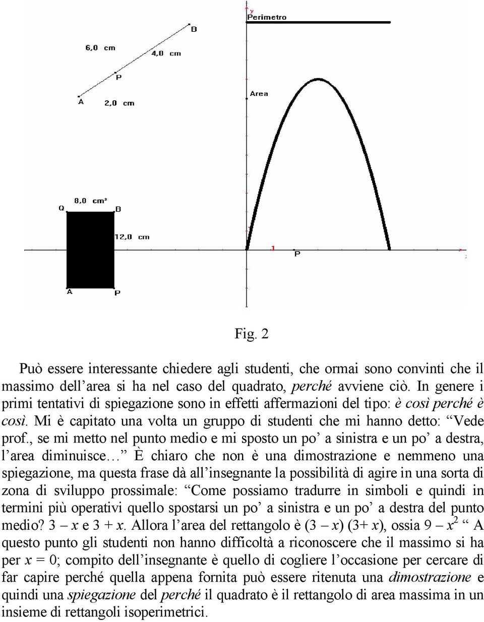 , se mi metto nel punto medio e mi sposto un po a sinistra e un po a destra, l area diminuisce È chiaro che non è una dimostrazione e nemmeno una spiegazione, ma questa frase dà all insegnante la