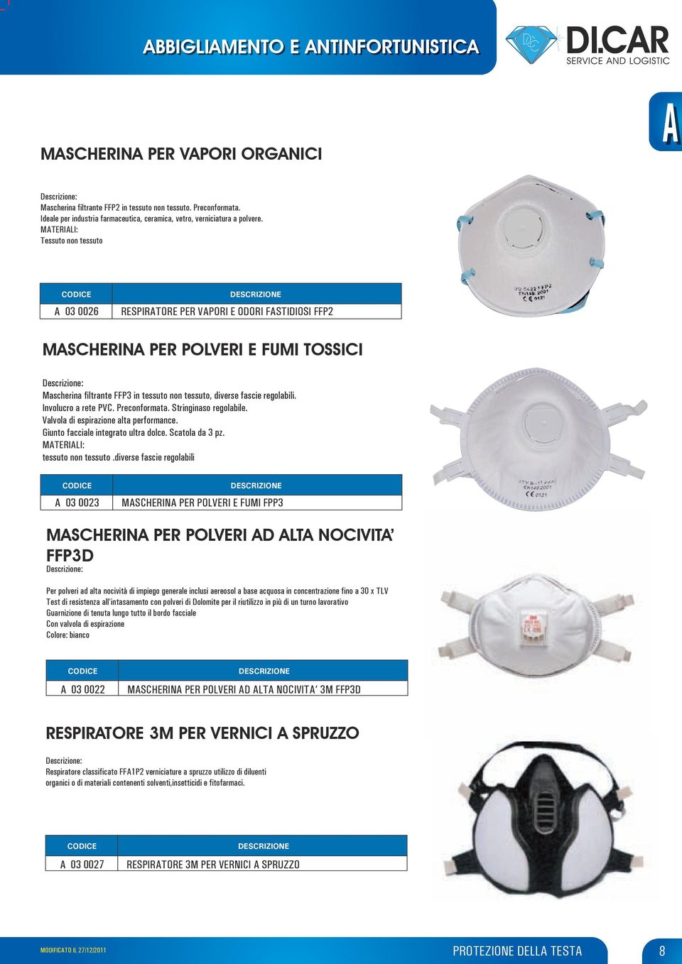 MATERIALI: Tessuto non tessuto A 03 0026 RESPIRATORE PER VAPORI E ODORI FASTIDIOSI FFP2 MASCHERINA PER POLVERI E FUMI TOSSICI Mascherina filtrante FFP3 in tessuto non tessuto, diverse fascie