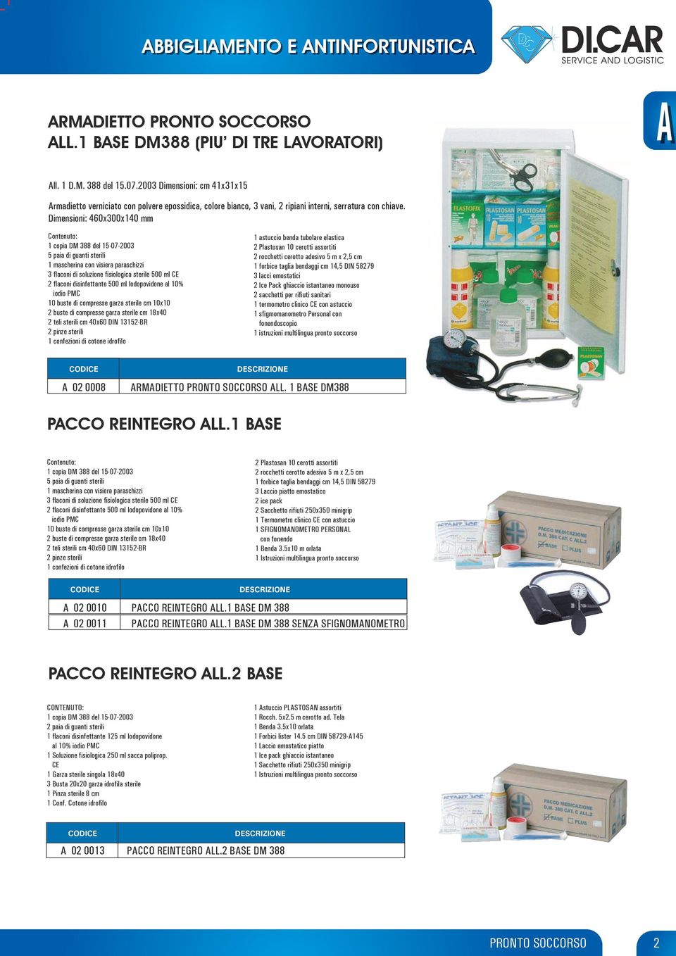 Dimensioni: 460x300x140 mm Contenuto: 1 copia DM 388 del 15-07-2003 5 paia di guanti sterili 1 mascherina con visiera paraschizzi 3 flaconi di soluzione fisiologica sterile 500 ml CE 2 flaconi