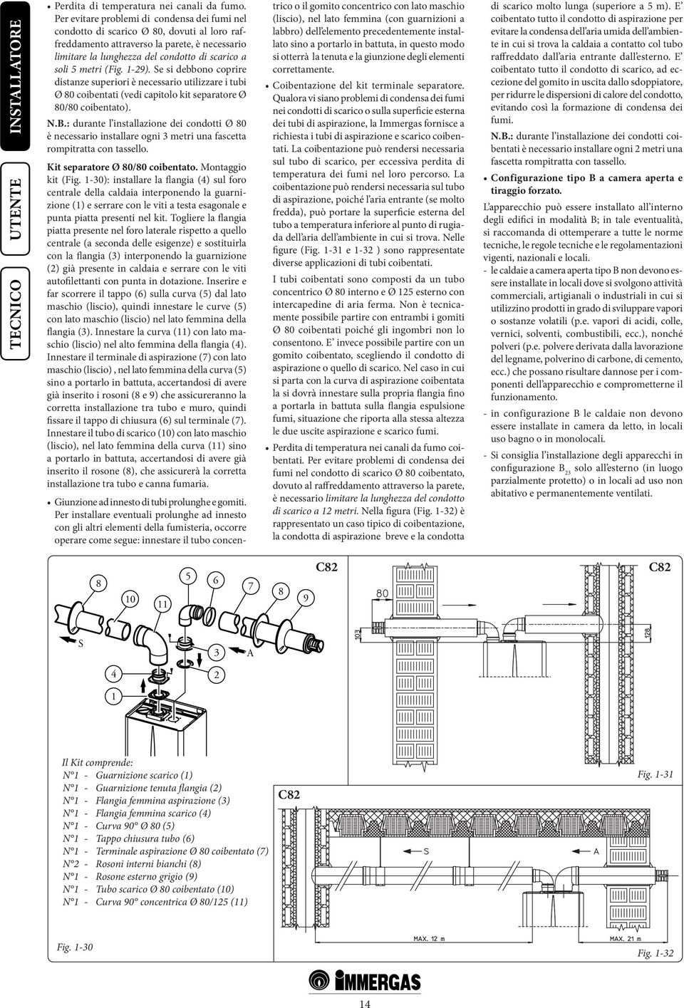 (Fig. 1-29). Se si debbono coprire distanze superiori è necessario utilizzare i tubi Ø 80 coibentati (vedi capitolo kit separatore Ø 80/80 coibentato). N.B.