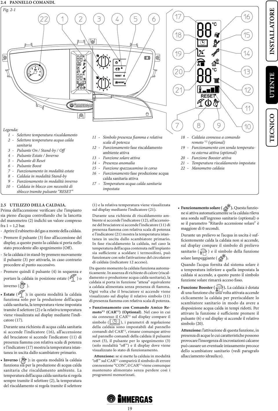 Boost 7 - Funzionamento in modalità estate 8 - Caldaia in modalità Stand-by 9 - Funzionamento in modalità inverno 10 - Caldaia in blocco con necessità di sblocco tramite pulsante RESET 11 - Simbolo