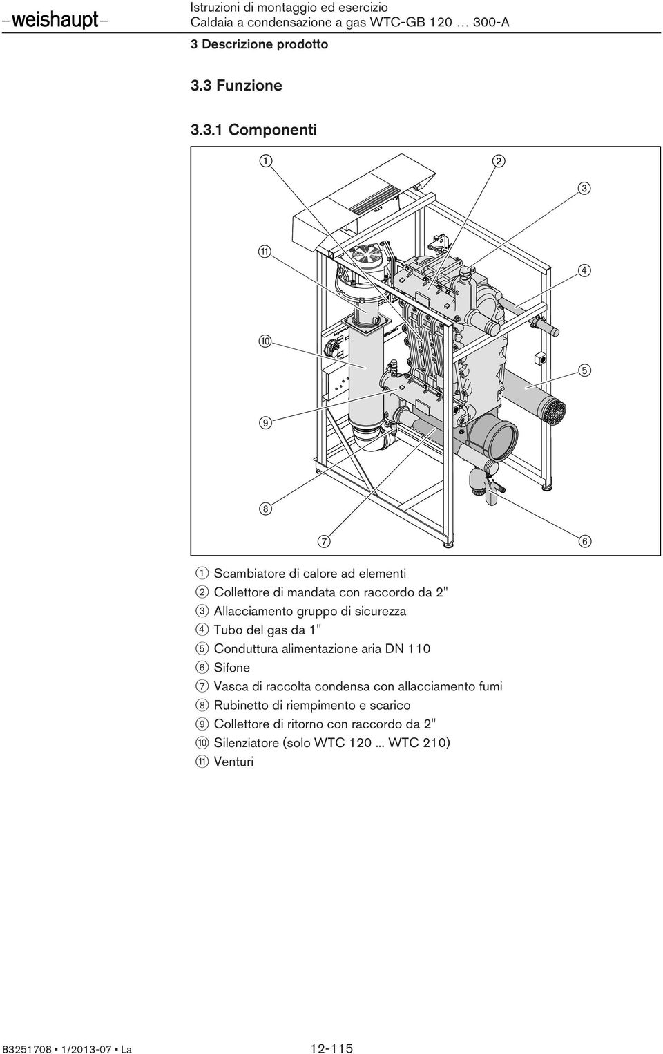 aria DN 110 6 Sifone 7 Vasca di raccolta condensa con allacciamento fumi 8 Rubinetto di riempimento e scarico 9