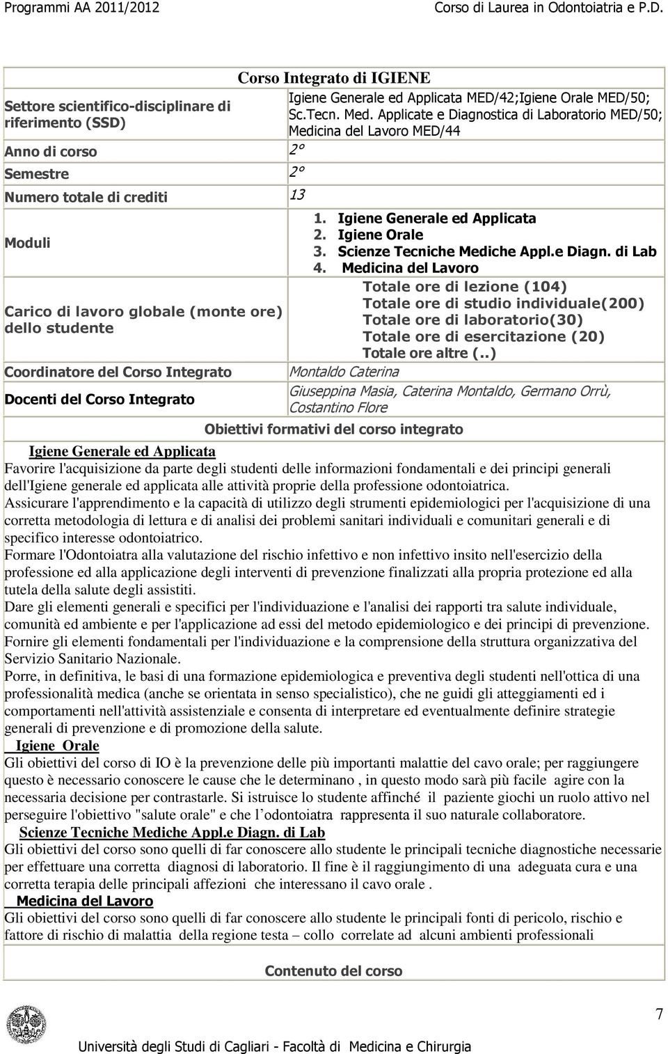 Applicate e Diagnostica di Laboratorio MED/50; Medicina del Lavoro MED/44 1. Igiene Generale ed Applicata 2. Igiene Orale 3. Scienze Tecniche Mediche Appl.e Diagn. di Lab 4.