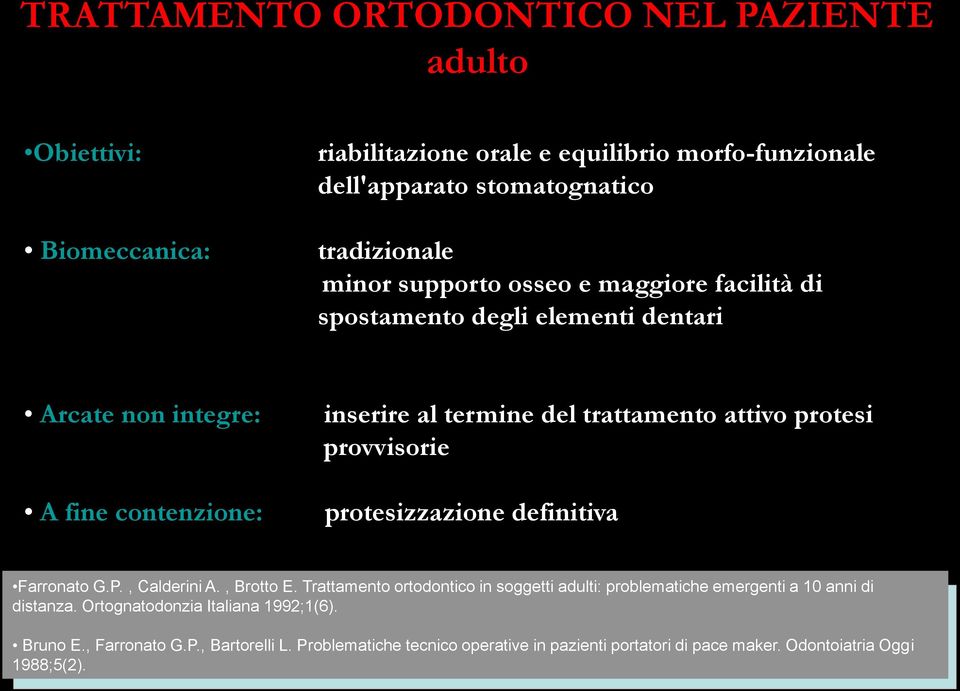 provvisorie protesizzazione definitiva Farronato G.P., Calderini A., Brotto E. Trattamento ortodontico in soggetti adulti: problematiche emergenti a 10 anni di distanza.