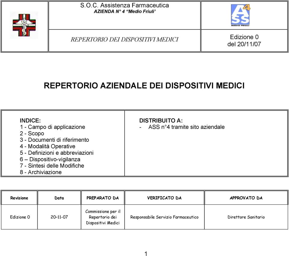 MEDICI INDICE: 1 - Campo di applicazione 2 - Scopo 3 - Documenti di riferimento 4 - Modalità Operative 5 - Definizioni e abbreviazioni 6