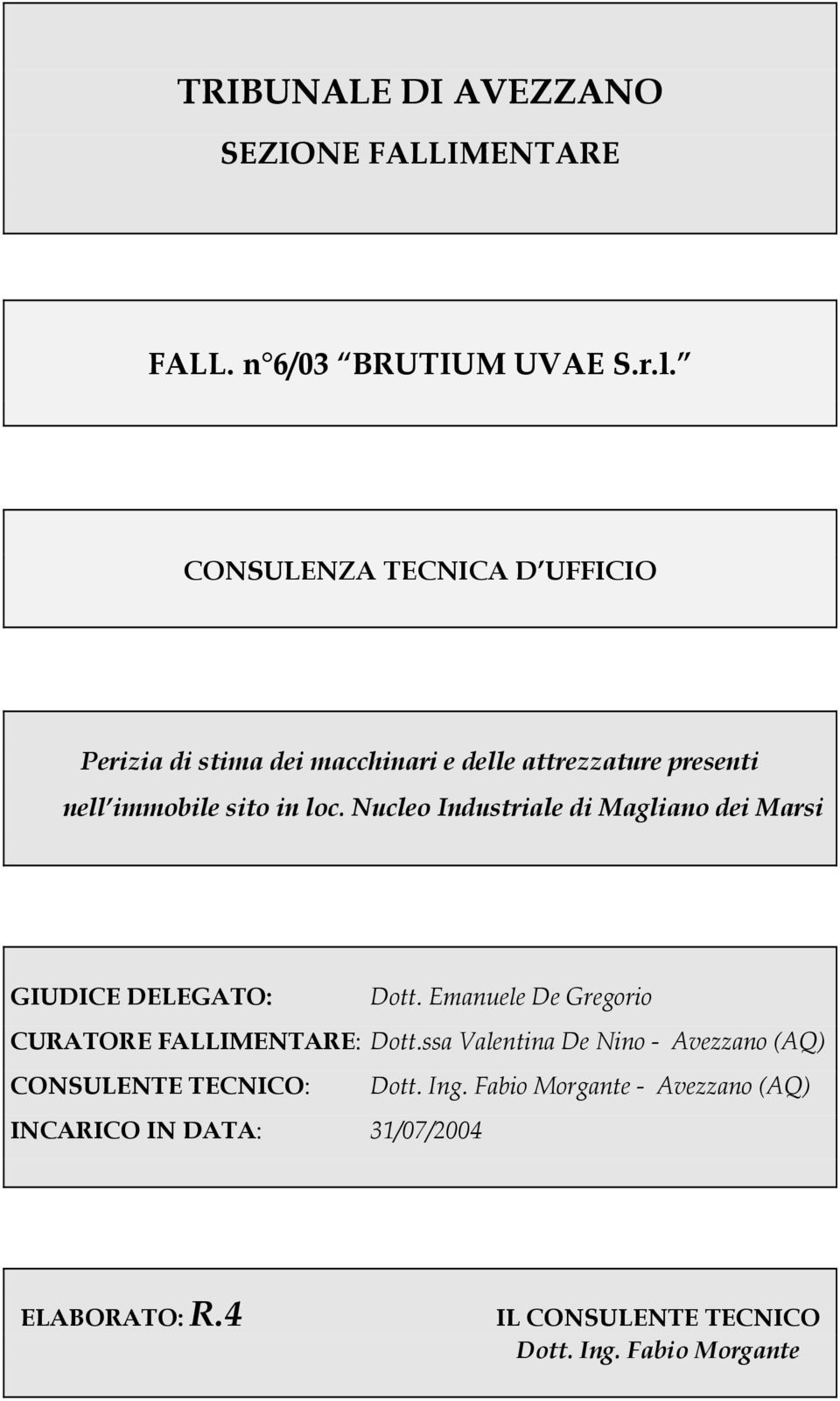 Nucleo Industriale di Magliano dei Marsi GIUDICE DELEGATO: Dott. Emanuele De Gregorio CURATORE FALLIMENTARE: Dott.