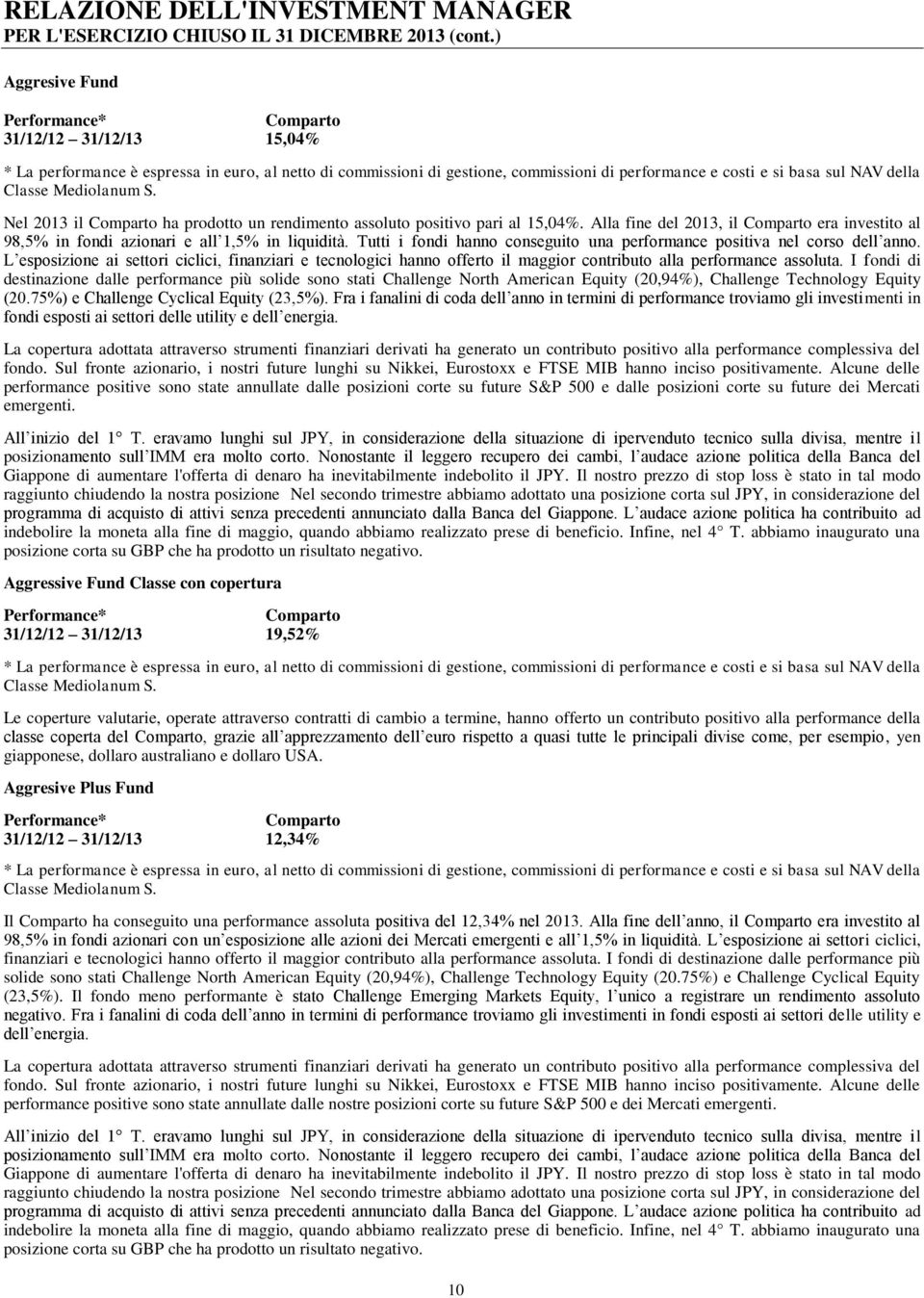 Classe Mediolanum S. Nel 2013 il Comparto ha prodotto un rendimento assoluto positivo pari al 15,04%. Alla fine del 2013, il Comparto era investito al 98,5% in fondi azionari e all 1,5% in liquidità.