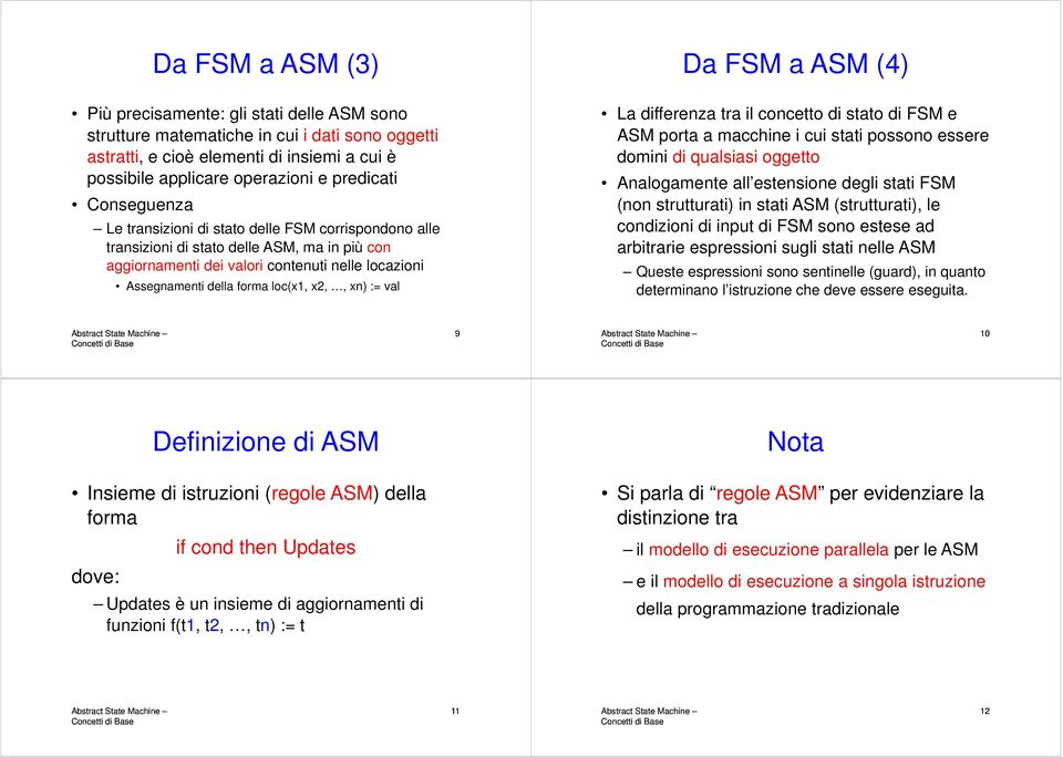 xn) := val Da FSM a ASM (4) La differenza tra il concetto di stato di FSM e ASM porta a macchine i cui stati possono essere domini di qualsiasi oggetto Analogamente all estensione degli stati FSM