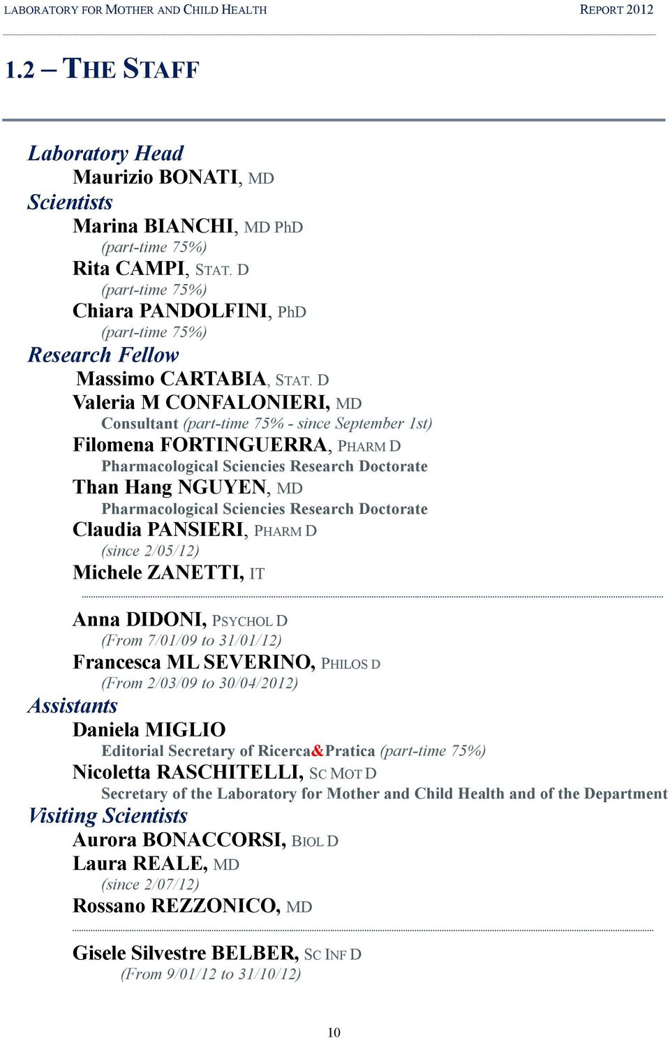 D Valeria M CONFALONIERI, MD Consultant (part-time 75% - since September 1st) Filomena FORTINGUERRA, PHARM D Pharmacological Sciencies Research Doctorate Than Hang NGUYEN, MD Pharmacological