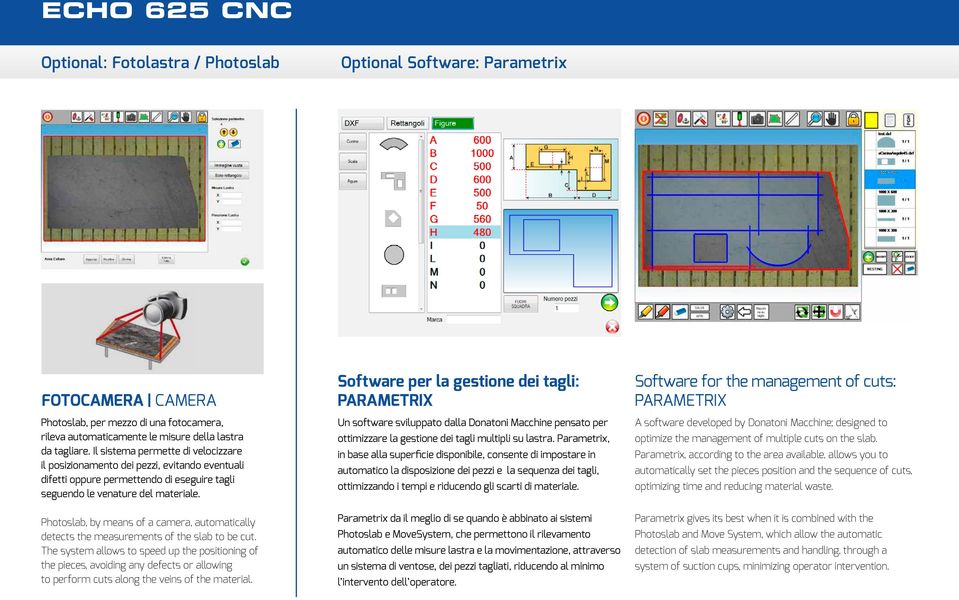 Photoslab, by means of a camera, automatically detects the measurements of the slab to be cut.
