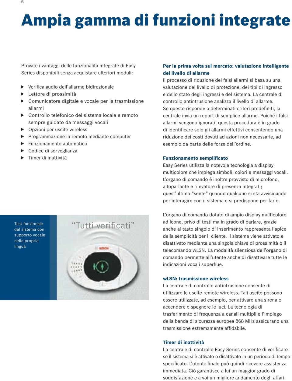 remoto mediante computer Funzionamento automatico Codice di sorveglianza Timer di inattività Per la prima volta sul mercato: valutazione intelligente del livello di allarme Il processo di riduzione