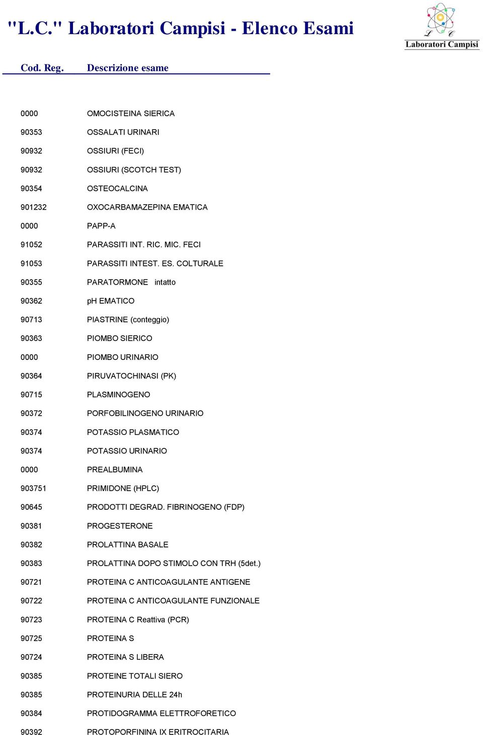 COLTURALE 90355 PARATORMONE intatto 90362 ph EMATICO 90713 PIASTRINE (conteggio) 90363 PIOMBO SIERICO 0000 PIOMBO URINARIO 90364 PIRUVATOCHINASI (PK) 90715 PLASMINOGENO 90372 PORFOBILINOGENO URINARIO