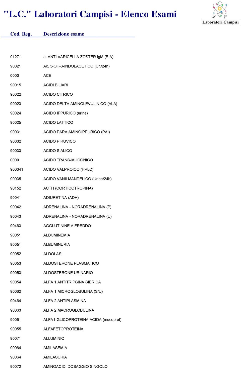 PIRUVICO 90033 ACIDO SIALICO 0000 ACIDO TRANS-MUCONICO 900341 ACIDO VALPROICO (HPLC) 90035 ACIDO VANILMANDELICO (Urine/24h) 90152 ACTH (CORTICOTROPINA) 90041 ADIURETINA (ADH) 90042 ADRENALINA -