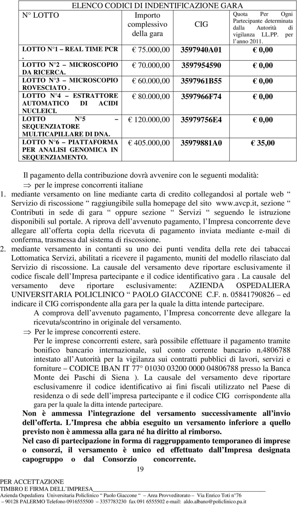 Il pagamento della contribuzione dovrà avvenire con le seguenti modalità: per le imprese concorrenti italiane 1.