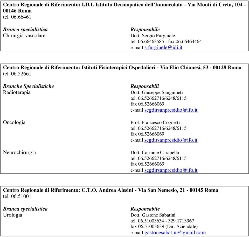 Giuseppe Sanguineti Prof. Francesco Cognetti Dott. Carmine Carapella Centro Regionale di Riferimento: C.T.O. Andrea Alesini - Via San Nemesio, 21-00145 Roma tel. 06.51001 Dott.