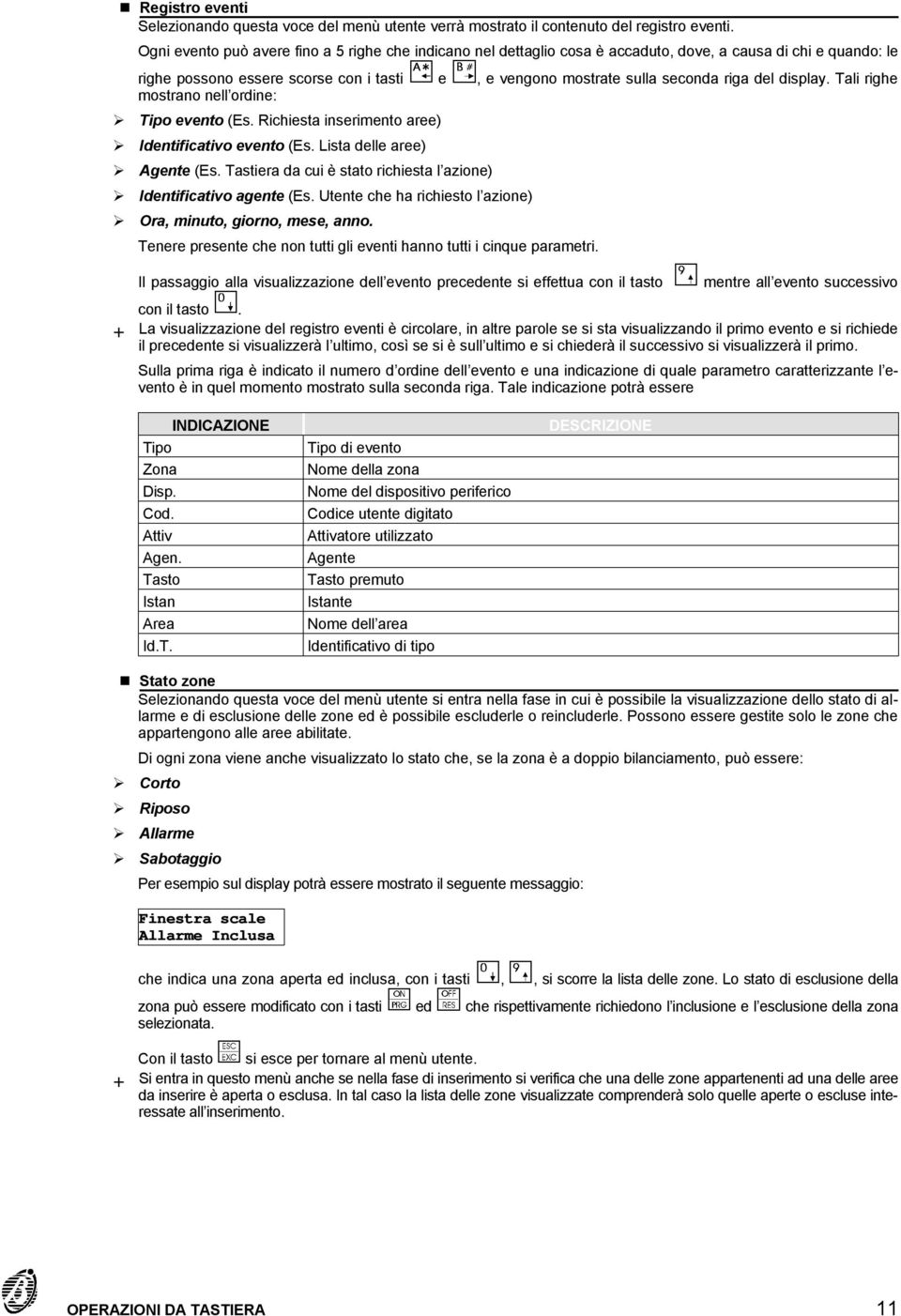 display. Tali righe mostrano nell ordine: Tipo evento (Es. Richiesta inserimento aree) Identificativo evento (Es. Lista delle aree) Agente (Es.