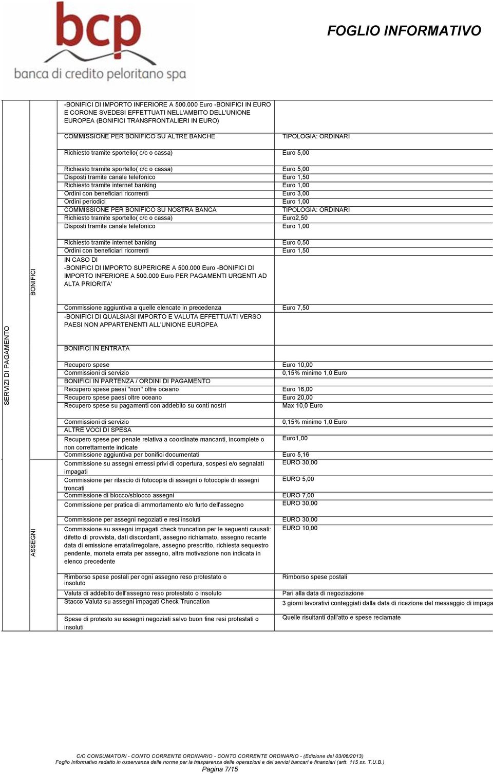 tramite sportello( c/c o cassa) Euro 5,00 BONIFICI BONIFICI Richiesto tramite sportello( c/c o cassa) Euro 5,00 Disposti tramite canale telefonico Euro 1,50 Richiesto tramite internet banking Euro