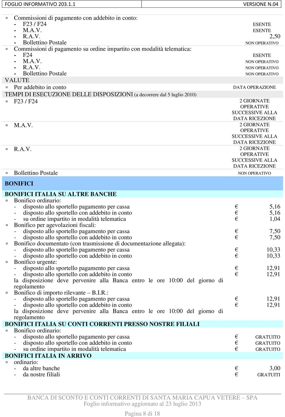 A.V. R.A.V. Bollettino Postale BONIFICI BONIFICI ITALIA SU ALTRE BANCHE Bonifico ordinario: - disposto allo sportello pagamento per cassa - disposto allo sportello con addebito in conto - su ordine