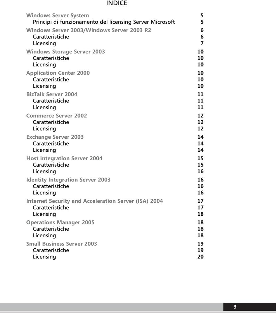 12 Exchange Server 2003 14 Caratteristiche 14 Licensing 14 Host Integration Server 2004 15 Caratteristiche 15 Licensing 16 Identity Integration Server 2003 16 Caratteristiche 16 Licensing 16