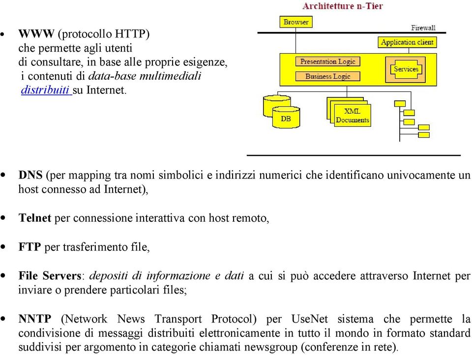 trasferimento file, File Servers: depositi di informazione e dati a cui si può accedere attraverso Internet per inviare o prendere particolari files; NNTP (Network News Transport