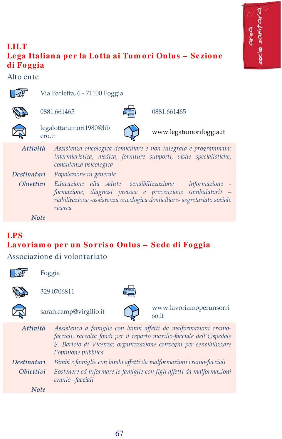 informazione - formazione; diagnosi precoce e prevenzione (ambulatori) riabilitazione -assistenza oncologica domiciliare- segretariato sociale ricerca LPS Lavoriamo per un Sorriso Onlus Sede di