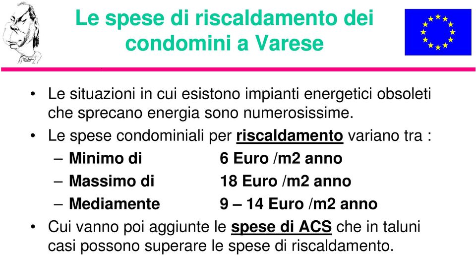 Le spese condominiali per riscaldamento variano tra : Minimo di 6 Euro /m2 anno Massimo di 18